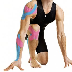 Athlete with Kinesio Tape applied to his shoulder and knee